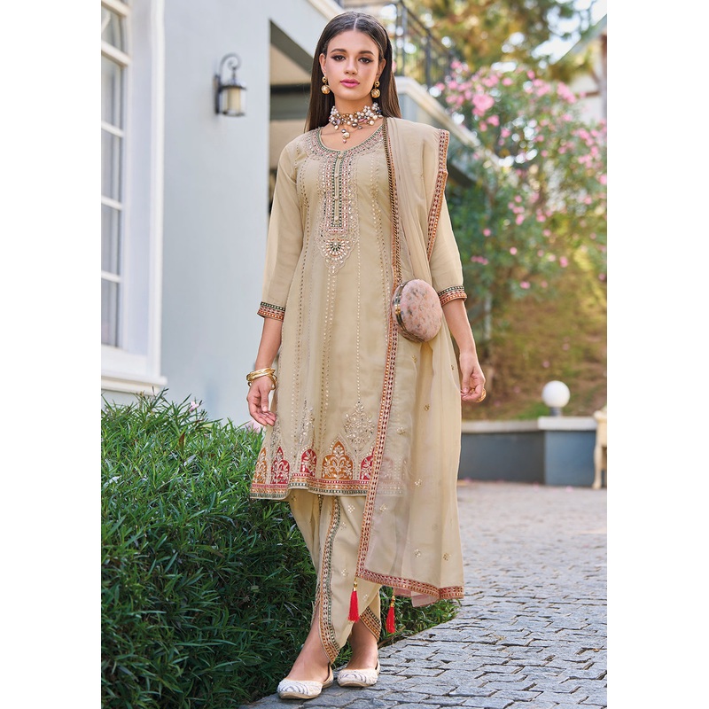 Beige Dhoti Style Embroidered Organza Punjabi Style Suit