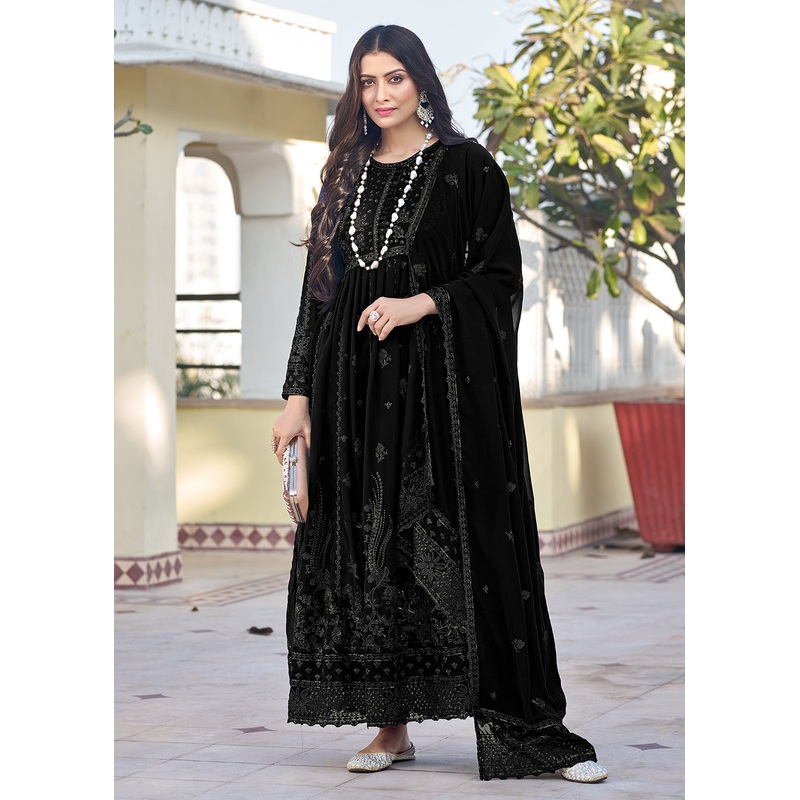 Black Georgette Embroidered Frock Style Salwar Suit
