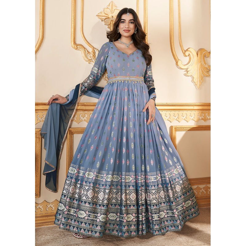 Blue Metalic Foil Work Embroidered Wedding Festive Anarkali Gown