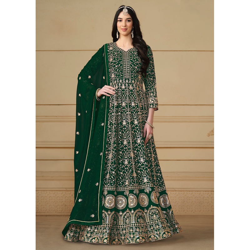 Bottle Green Embroidered Trendy Style Anarkali Suit