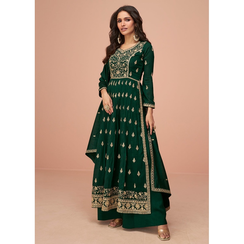 Bottle Green Wedding Wear Silk Trendy Palazzo Suit