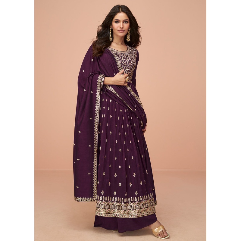 Burgundy Purple Wedding Wear Silk Trendy Palazzo Suit