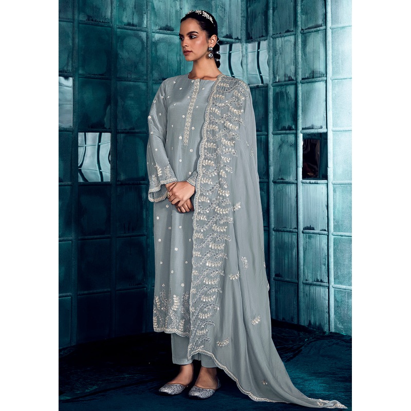 Charming Grey Modale Silk Embroidered Festive Salwar Suit