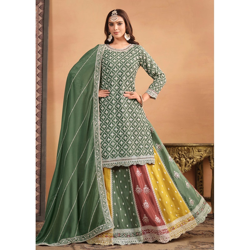 Chinnon Green Multicolor Embroidered Lehenga Style Suit