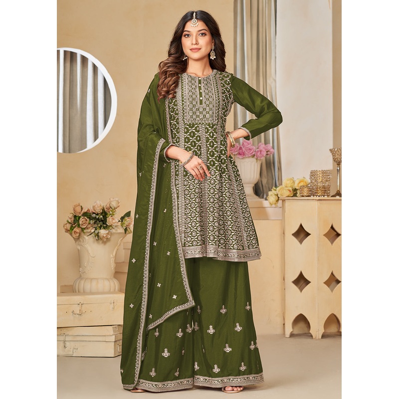 Chinnon Olive Green Embroidered Palazzo Salwar Suit