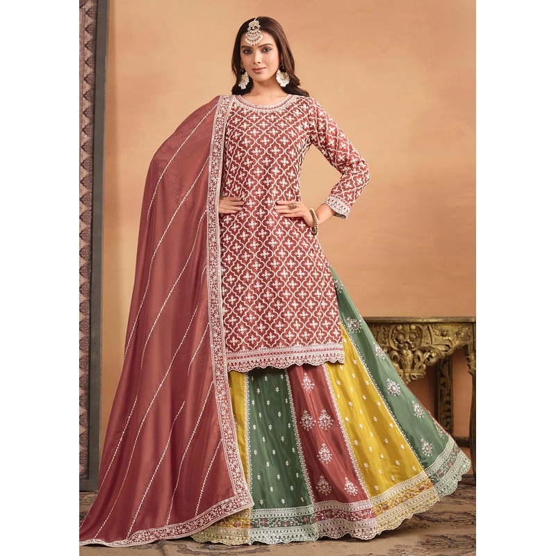 Chinnon Peach Multicolor Embroidered Lehenga Style Suit