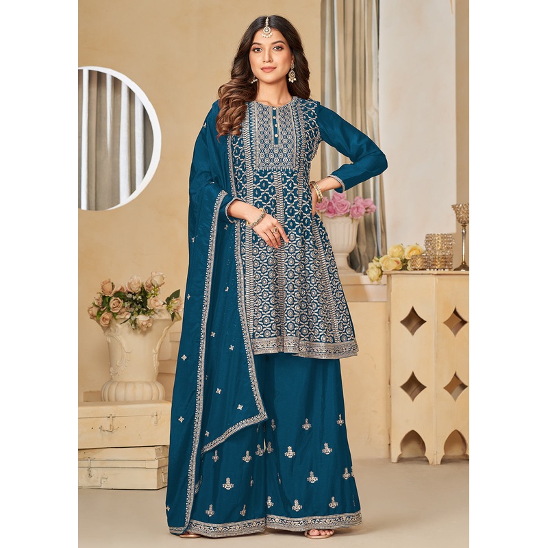 Chinnon Peacock Blue Embroidered Palazzo Salwar Suit