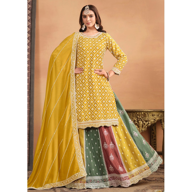 Chinnon Yellow Multicolor Embroidered Lehenga Style Suit