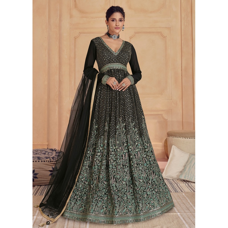 Classy Black Real Georgette Embroidered Long Anarkali Gown