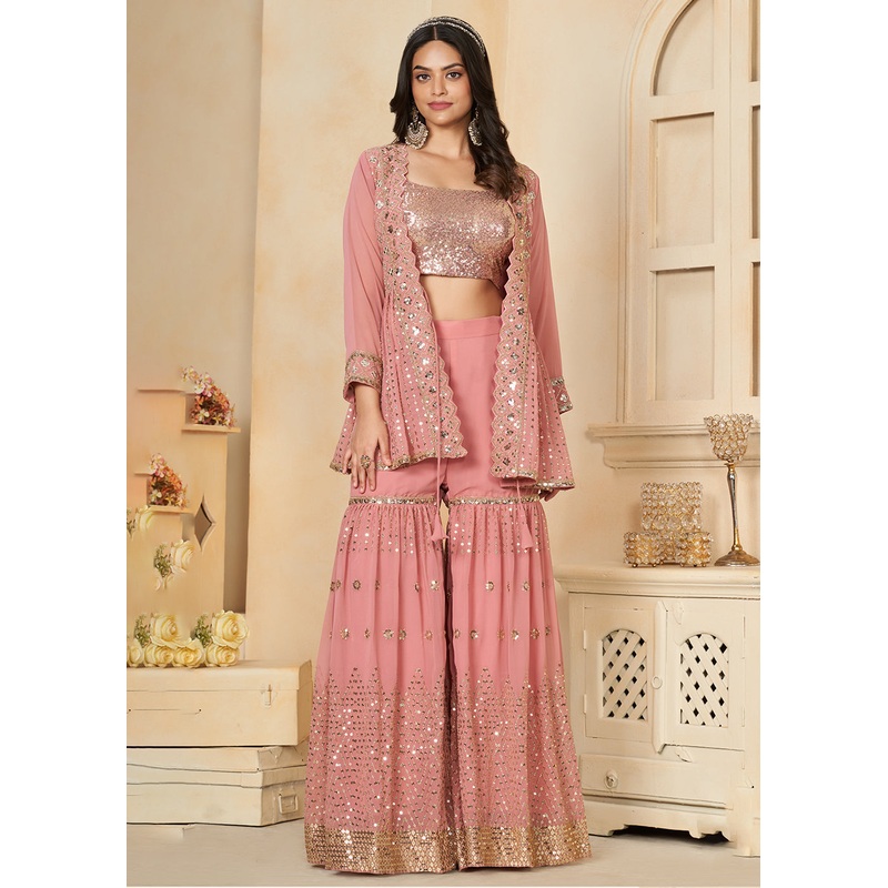 Coral Pink Faux Georgette Indo Western Gharara Style Suit