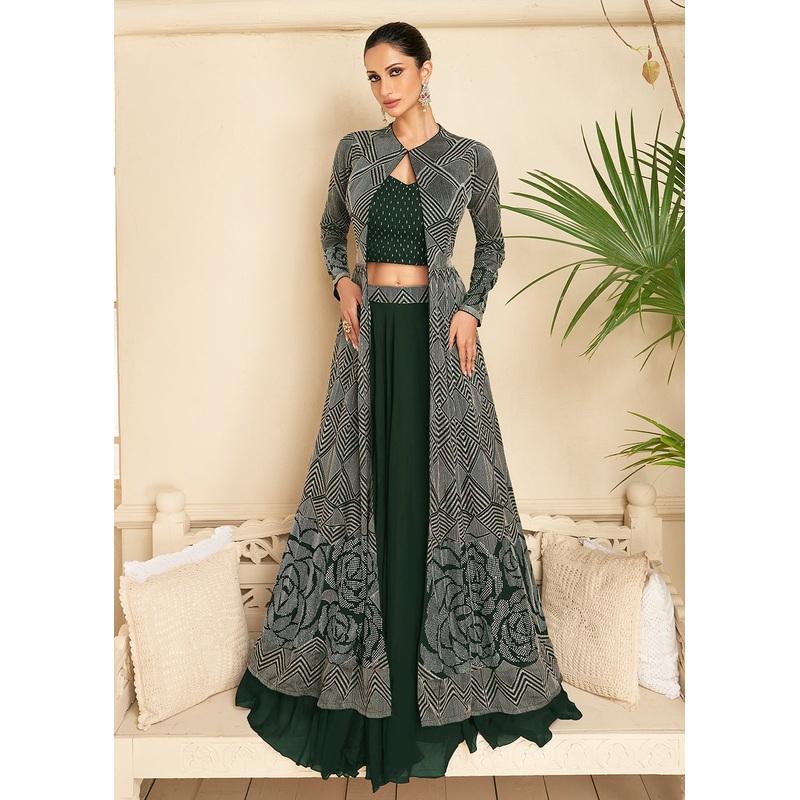 Dark Green Jacket Style Wedding Party Lehenga Skirt Suit