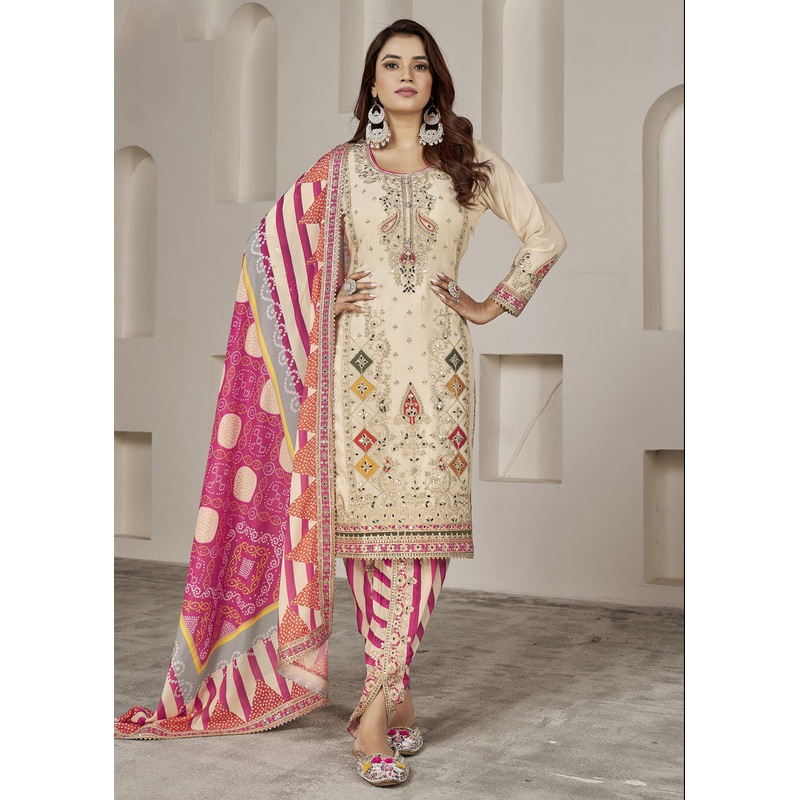 Designer Ivory Beige Punjabi Style Dhoti Style Salwar Suit