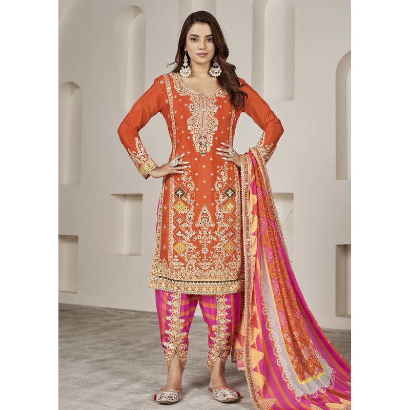 Designer Orange Punjabi Style Dhoti Style Salwar Suit