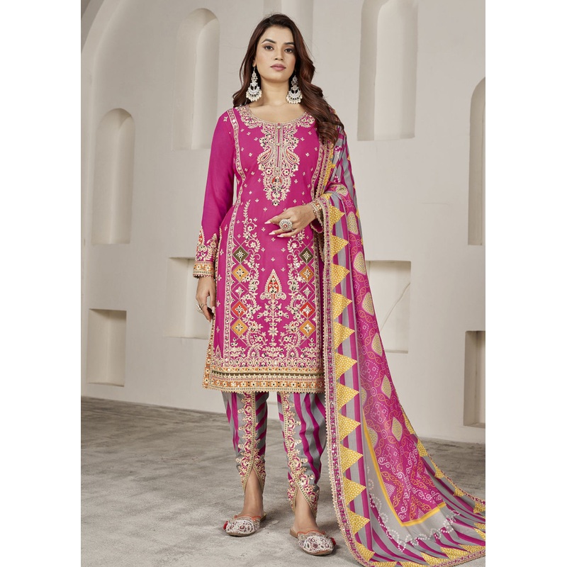 Designer Rani Pink Punjabi Style Dhoti Style Salwar Suit