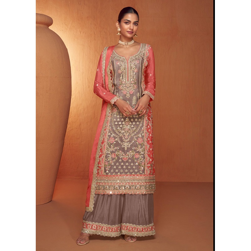 Dusty Mauve & Peach Embroidered Wedding Sharara Suit