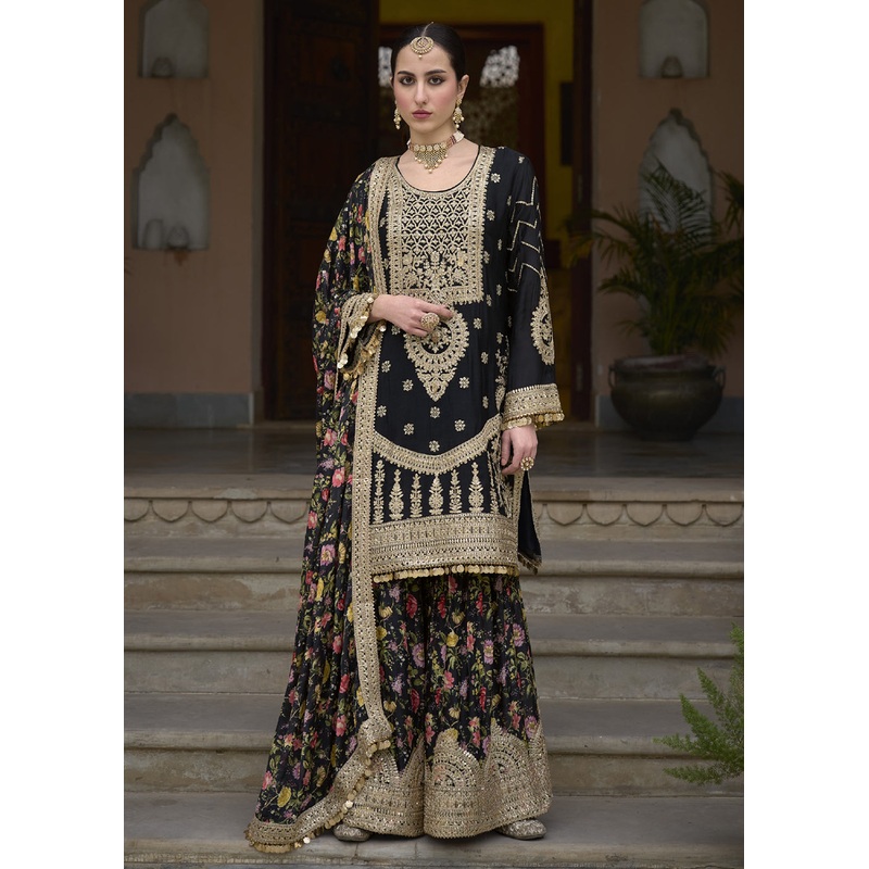 Elegant Black Pure Chinnon Pakistani Style Palazzo Suit