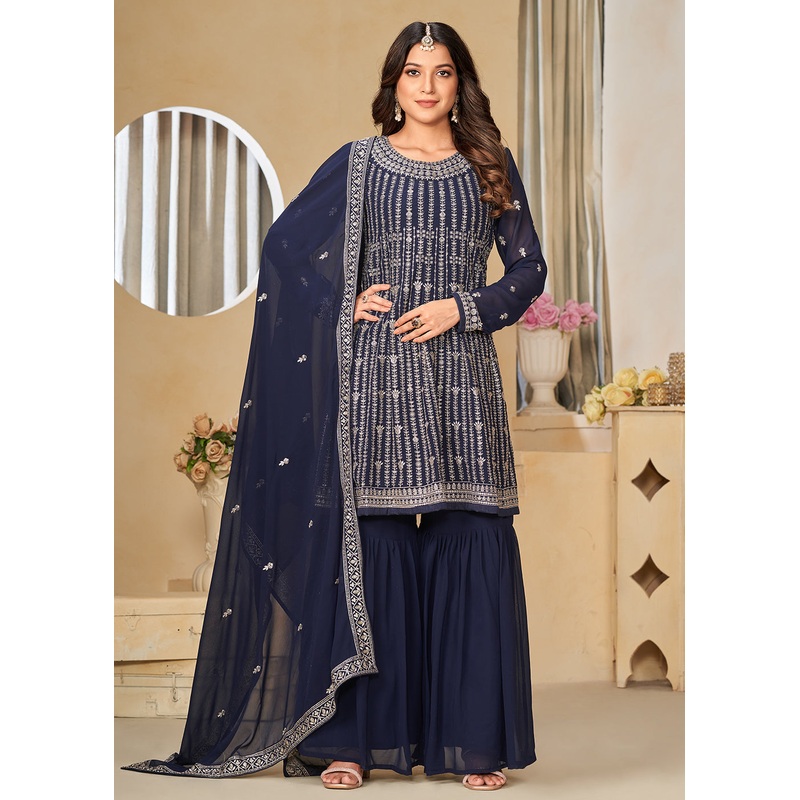 Faux Georgette Blue Embroidered Gharara Style Suit