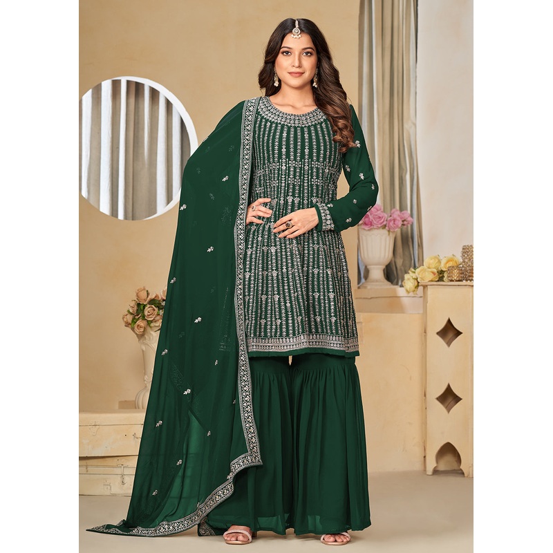 Faux Georgette Green Embroidered Gharara Style Suit
