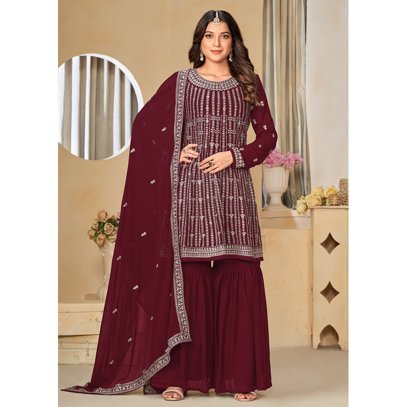 Faux Georgette Maroon Embroidered Gharara Style Suit