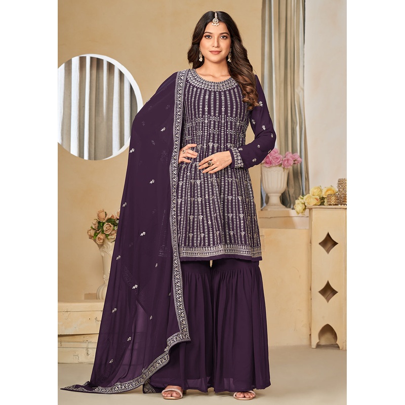 Faux Georgette Purple Embroidered Gharara Style Suit
