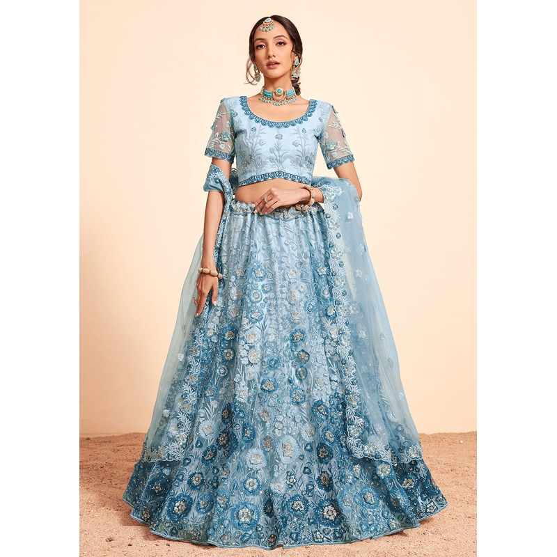 Firozi Blue Beautifully Heavy Embroidered Bridal Lehenga Choli