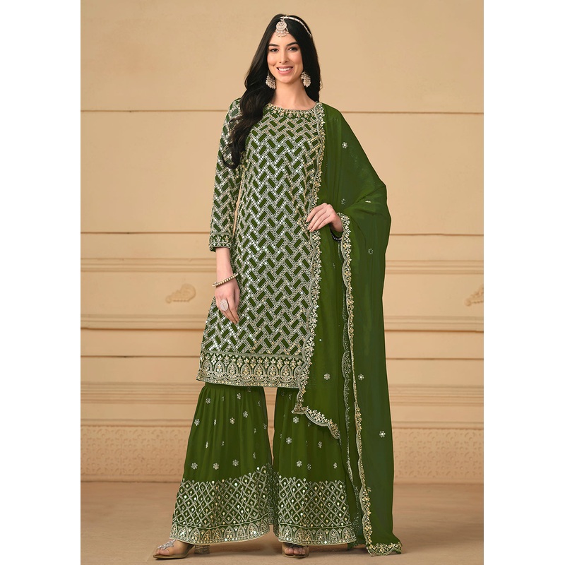 Georgette Green Embroidered Gharara Style Suit