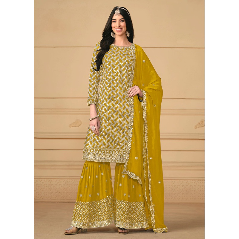 Georgette Mustard Embroidered Gharara Style Suit