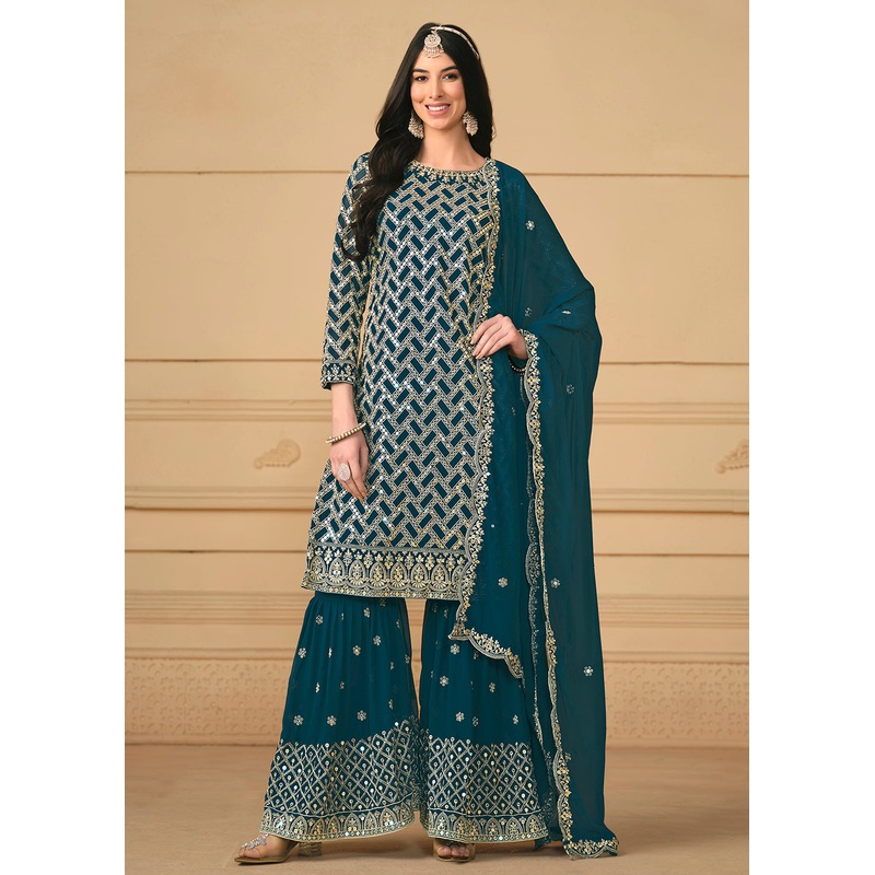 Georgette Peacock Blue Embroidered Gharara Style Suit