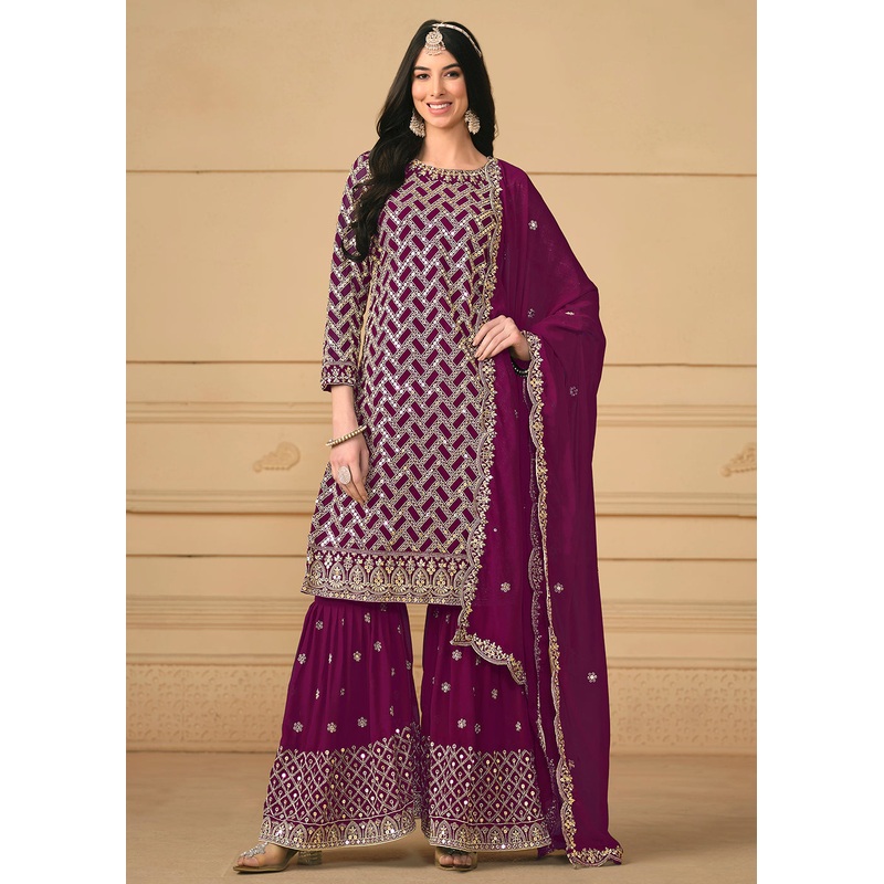 Georgette Purple Embroidered Gharara Style Suit