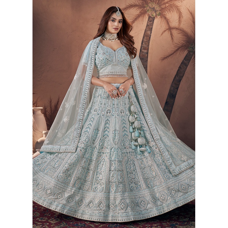Georgette Sky Blue Heavy Handwork Bridal Lehenga Choli