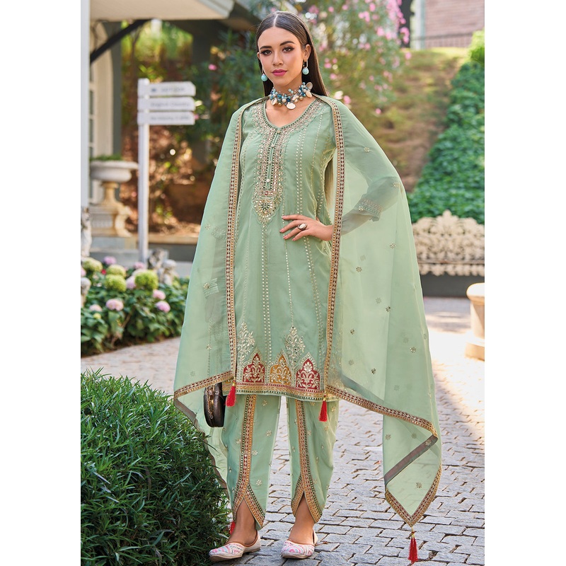 Green Dhoti Style Embroidered Organza Punjabi Style Suit