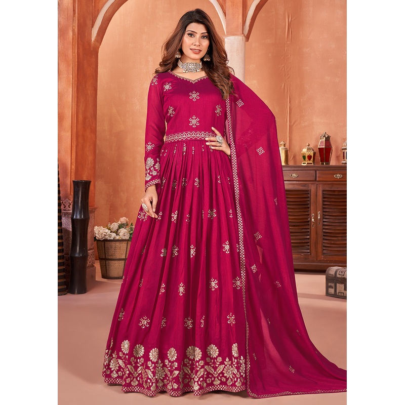 Hot Pink Festive Embroidered Art Silk Anarkali Suit