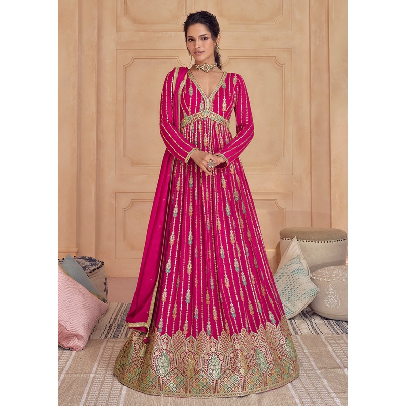 Hot Pink Real Georgette Embroidered Long Anarkali Gown