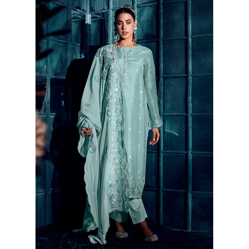 Ice Blue Modale Silk Embroidered Festive Salwar Suit
