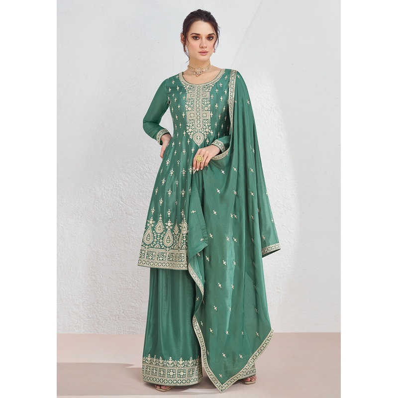 Incredible Green Embroidered Chinnon Festive Palazzo Suit