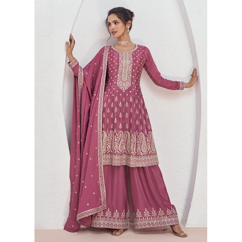 Incredible Pink Embroidered Chinnon Festive Palazzo Suit
