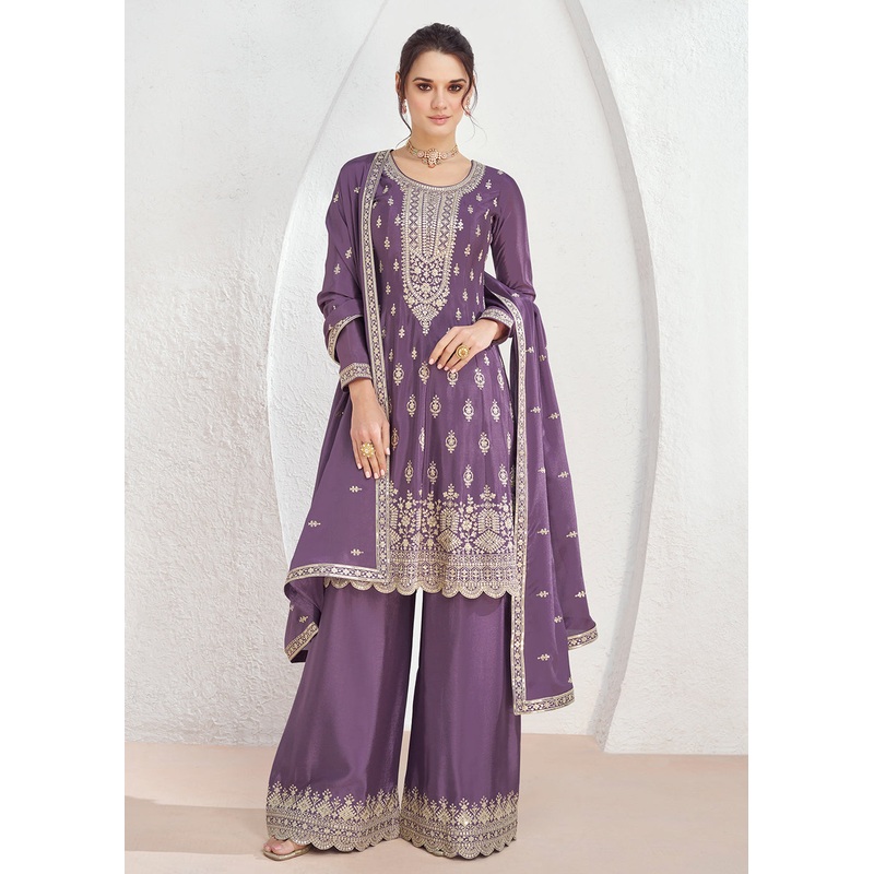 Incredible Purple Embroidered Chinnon Festive Palazzo Suit