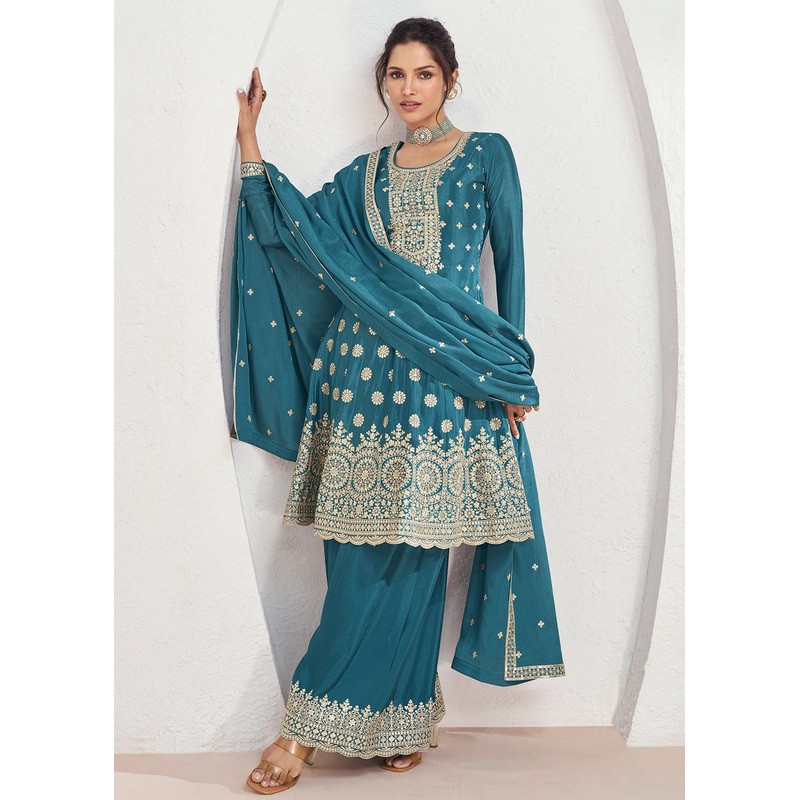 Incredible Teal Blue Embroidered Chinnon Festive Palazzo Suit