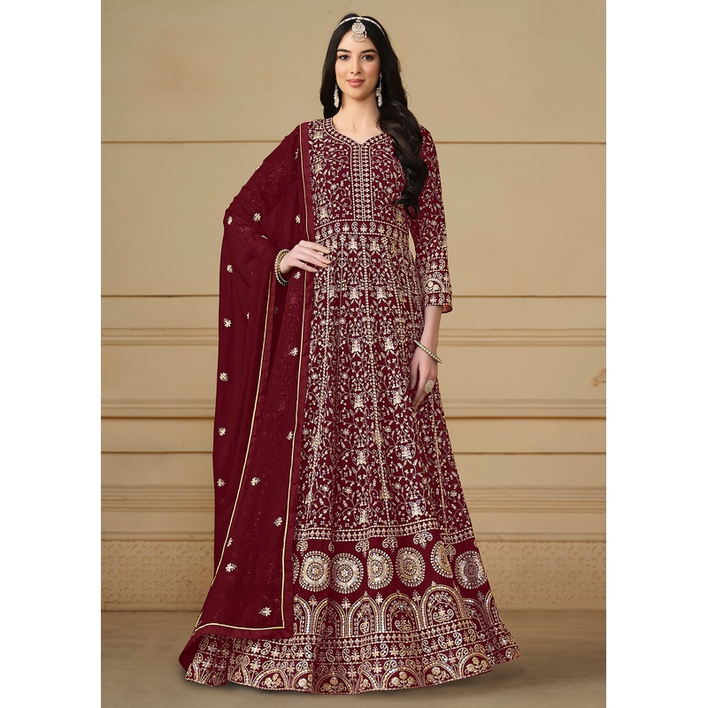 Maroon Embroidered Trendy Style Anarkali Suit