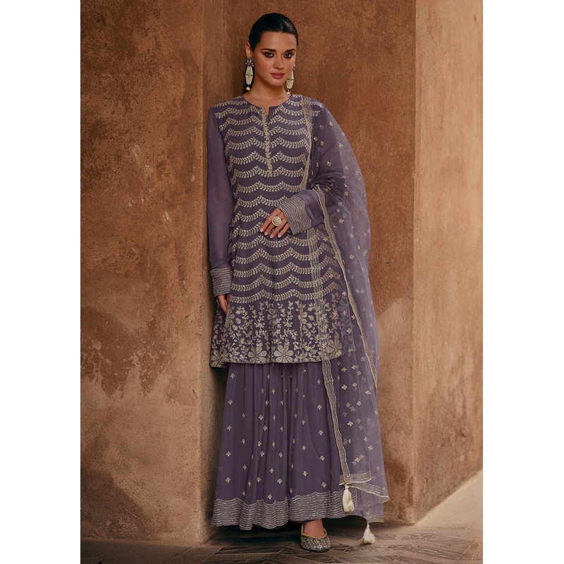 Mauve Georgette Designer Style Embroidered Sharara Suit