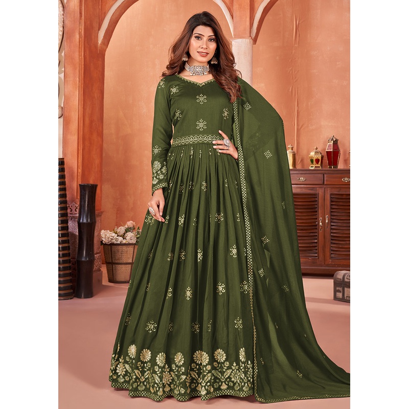 Mehndi Green Festive Embroidered Art Silk Anarkali Suit