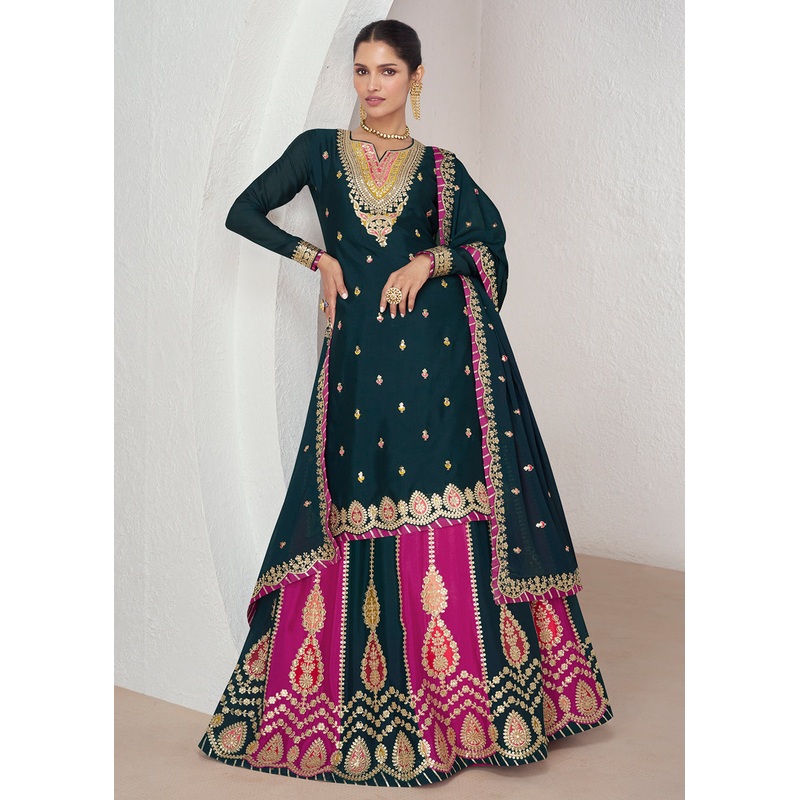 Multi Navy Blue Embroidred Festive Lehenga Kurti Set