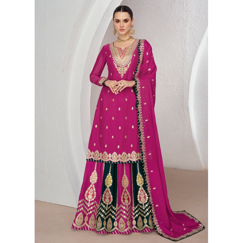 Multi Rani Pink Embroidred Festive Lehenga Kurti Set