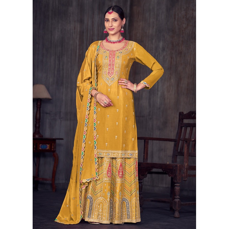 Mustard Heavy Chinnon Embroidered Lehenga Kurta Suit
