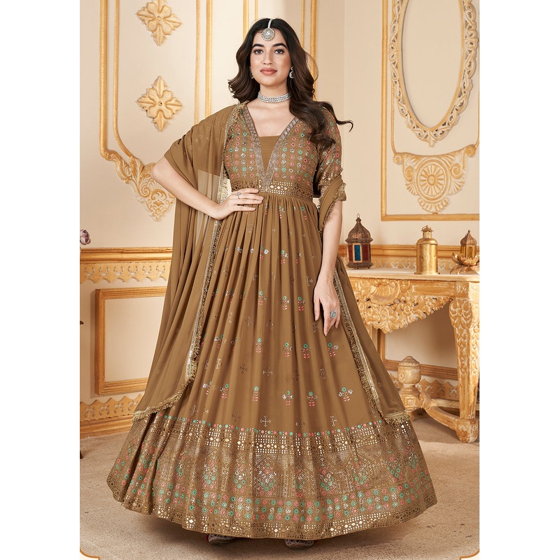 Mustard Metalic Foil Work Embroidered Wedding Festive Anarkali Gown