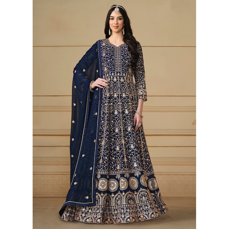 Navy Blue Embroidered Trendy Style Anarkali Suit