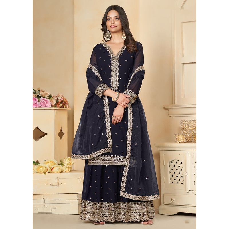 Navy Blue Faux Georgette Embroidered Wedding Sharara Suit