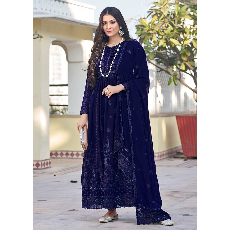 Navy Blue Georgette Embroidered Frock Style Salwar Suit