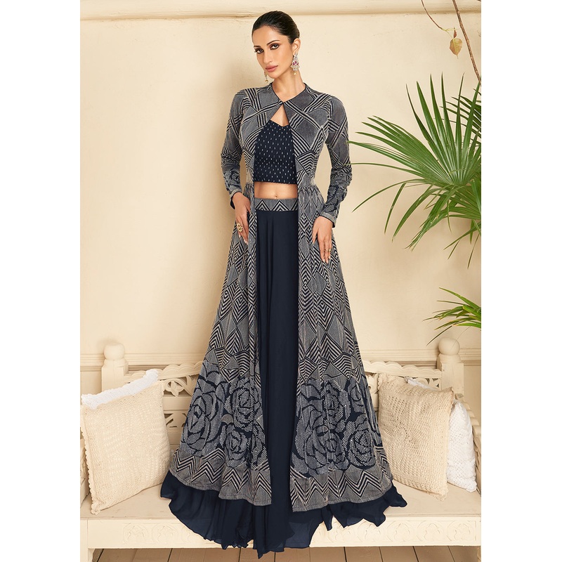 Navy Blue Jacket Style Wedding Party Lehenga Skirt Suit