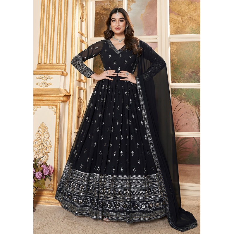 Navy Blue Metalic Foil Work Embroidered Wedding Festive Anarkali Gown